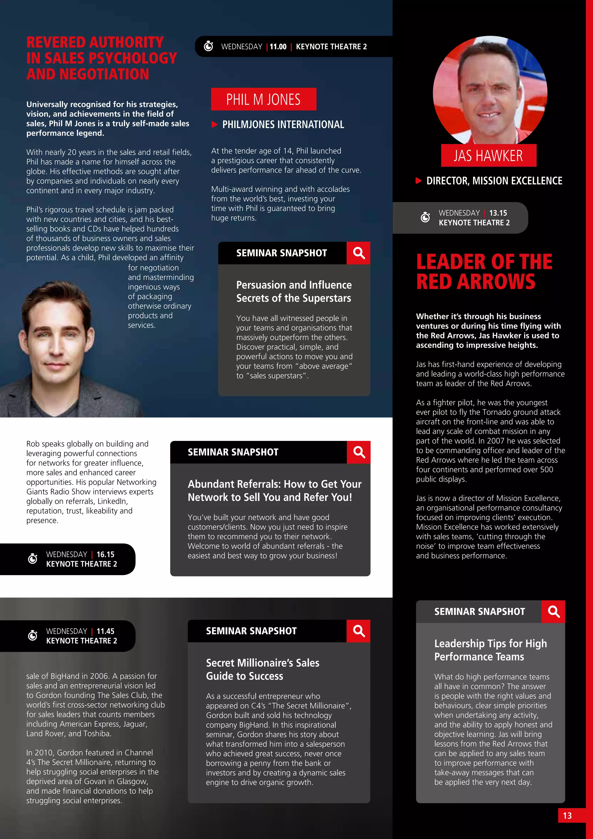 WEDNESDAY | 16.15
KEYNOTE THEATRE 2
Rob speaks globally on building and
leveraging powerful connections
for networks for greater influence,
more sales and enhanced career
opportunities. His popular Networking
Giants Radio Show interviews experts
globally on referrals, LinkedIn,
reputation, trust, likeability and
presence.
LEADER OF THE
RED ARROWS
REVERED AUTHORITY
IN SALES PSYCHOLOGY
AND NEGOTIATION
Whether it’s through his business
ventures or during his time flying with
the Red Arrows, Jas Hawker is used to
ascending to impressive heights.
Jas has first-hand experience of developing
and leading a world-class high performance
team as leader of the Red Arrows.
As a fighter pilot, he was the youngest
ever pilot to fly the Tornado ground attack
aircraft on the front-line and was able to
lead any scale of combat mission in any
part of the world. In 2007 he was selected
to be commanding officer and leader of the
Red Arrows where he led the team across
four continents and performed over 500
public displays.
Jas is now a director of Mission Excellence,
an organisational performance consultancy
focused on improving clients’ execution.
Mission Excellence has worked extensively
with sales teams, ‘cutting through the
noise’ to improve team effectiveness
and business performance.
DIRECTOR, MISSION EXCELLENCE
JAS HAWKER
SEMINAR SNAPSHOT
Leadership Tips for High
Performance Teams
What do high performance teams
all have in common? The answer
is people with the right values and
behaviours, clear simple priorities
when undertaking any activity,
and the ability to apply honest and
objective learning. Jas will bring
lessons from the Red Arrows that
can be applied to any sales team
to improve performance with
take-away messages that can
be applied the very next day.
SEMINAR SNAPSHOT
Secret Millionaire’s Sales
Guide to Success
As a successful entrepreneur who
appeared on C4’s “The Secret Millionaire”,
Gordon built and sold his technology
company BigHand. In this inspirational
seminar, Gordon shares his story about
what transformed him into a salesperson
who achieved great success, never once
borrowing a penny from the bank or
investors and by creating a dynamic sales
engine to drive organic growth.
SEMINAR SNAPSHOT
Persuasion and Influence
Secrets of the Superstars
You have all witnessed people in
your teams and organisations that
massively outperform the others.
Discover practical, simple, and
powerful actions to move you and
your teams from “above average”
to “sales superstars”.
WEDNESDAY | 13.15
KEYNOTE THEATRE 2
WEDNESDAY | 11.45
KEYNOTE THEATRE 2
Universally recognised for his strategies,
vision, and achievements in the field of
sales, Phil M Jones is a truly self-made sales
performance legend.
With nearly 20 years in the sales and retail fields,
Phil has made a name for himself across the
globe. His effective methods are sought after
by companies and individuals on nearly every
continent and in every major industry.
Phil’s rigorous travel schedule is jam packed
with new countries and cities, and his best-
selling books and CDs have helped hundreds
of thousands of business owners and sales
professionals develop new skills to maximise their
potential. As a child, Phil developed an affinity
PHILMJONES INTERNATIONAL
PHIL M JONES
sale of BigHand in 2006. A passion for
sales and an entrepreneurial vision led
to Gordon founding The Sales Club, the
world’s first cross-sector networking club
for sales leaders that counts members
including American Express, Jaguar,
Land Rover, and Toshiba.
In 2010, Gordon featured in Channel
4’s The Secret Millionaire, returning to
help struggling social enterprises in the
deprived area of Govan in Glasgow,
and made financial donations to help
struggling social enterprises.
At the tender age of 14, Phil launched
a prestigious career that consistently
delivers performance far ahead of the curve.
Multi-award winning and with accolades
from the world’s best, investing your
time with Phil is guaranteed to bring
huge returns.
WEDNESDAY | 11.00 | KEYNOTE THEATRE 2
for negotiation
and masterminding
ingenious ways
of packaging
otherwise ordinary
products and
services.
SEMINAR SNAPSHOT
Abundant Referrals: How to Get Your
Network to Sell You and Refer You!
You’ve built your network and have good
customers/clients. Now you just need to inspire
them to recommend you to their network.
Welcome to world of abundant referrals - the
easiest and best way to grow your business!
13
 