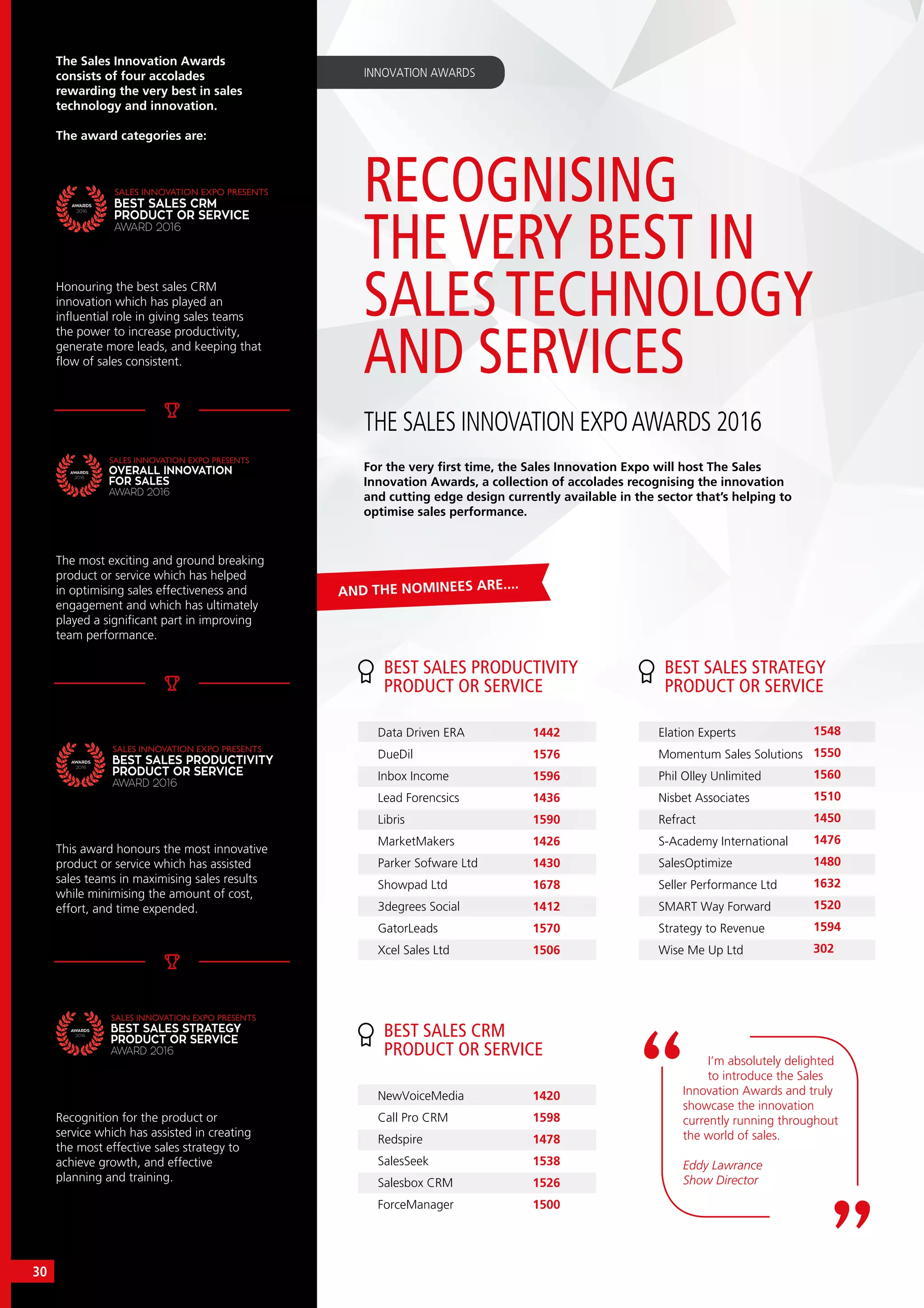 INNOVATION AWARDS
AND THE NOMINEES ARE....
I’m absolutely delighted
to introduce the Sales
Innovation Awards and truly
showcase the innovation
currently running throughout
the world of sales.
Eddy Lawrance
Show Director
RECOGNISING
THE VERY BEST IN
SALESTECHNOLOGY
AND SERVICES
For the very first time, the Sales Innovation Expo will host The Sales
Innovation Awards, a collection of accolades recognising the innovation
and cutting edge design currently available in the sector that’s helping to
optimise sales performance.
The Sales Innovation Awards
consists of four accolades
rewarding the very best in sales
technology and innovation.
The award categories are:
Honouring the best sales CRM
innovation which has played an
influential role in giving sales teams
the power to increase productivity,
generate more leads, and keeping that
flow of sales consistent. 
The most exciting and ground breaking
product or service which has helped
in optimising sales effectiveness and
engagement and which has ultimately
played a significant part in improving
team performance.
This award honours the most innovative
product or service which has assisted
sales teams in maximising sales results
while minimising the amount of cost,
effort, and time expended.
Recognition for the product or
service which has assisted in creating
the most effective sales strategy to
achieve growth, and effective
planning and training.
BEST SALES CRM
PRODUCT OR SERVICE
AWARD 2016
SALES INNOVATION EXPO PRESENTS
AWARDS
2016
OVERALL INNOVATION
FOR SALES
AWARD 2016
SALES INNOVATION EXPO PRESENTS
AWARDS
2016
BEST SALES PRODUCTIVITY
PRODUCT OR SERVICE
AWARD 2016
SALES INNOVATION EXPO PRESENTS
AWARDS
2016
BEST SALES STRATEGY
PRODUCT OR SERVICE
AWARD 2016
SALES INNOVATION EXPO PRESENTS
AWARDS
2016
THE SALES INNOVATION EXPOAWARDS 2016
BEST SALES PRODUCTIVITY
PRODUCT OR SERVICE
BEST SALES CRM
PRODUCT OR SERVICE                      
BEST SALES STRATEGY
PRODUCT OR SERVICE
Data Driven ERA
DueDil
Inbox Income
Lead Forencsics
Libris
MarketMakers
Parker Sofware Ltd
Showpad Ltd
3degrees Social
GatorLeads
Xcel Sales Ltd
NewVoiceMedia
Call Pro CRM
Redspire
SalesSeek
Salesbox CRM
ForceManager
Elation Experts
Momentum Sales Solutions
Phil Olley Unlimited
Nisbet Associates
Refract
S-Academy International
SalesOptimize
Seller Performance Ltd
SMART Way Forward
Strategy to Revenue
Wise Me Up Ltd
1442
1576
1596
1436
1590
1426
1430
1678
1412
1570
1506
1420
1598
1478
1538
1526
1500
1548
1550
1560
1510
1450
1476
1480
1632
1520
1594
302
30
 