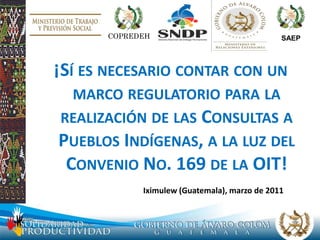 COPREDEH                                SAEP



¡SÍ ES NECESARIO CONTAR CON UN
  MARCO REGULATORIO PARA LA
REALIZACIÓN DE LAS CONSULTAS A
PUEBLOS INDÍGENAS, A LA LUZ DEL
 CONVENIO NO. 169 DE LA OIT!
            Iximulew (Guatemala), marzo de 2011
 