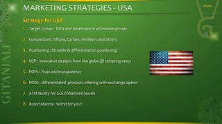 MARKETING STRATEGIES - USA
Strategy for USA
1.

Target Group : NRIs and Americans in all income groups

2.

Competitors: Tiffany, Carters, De Beers and others

3.

Positioning : Straddle & differentiation positioning

4.

USP : innovative designs from the globe @ tempting rates

5.

POPs : Trust and transparency

6.

PODs : differentiated products offering with exchange option

7.

ATM facility for GOLD/diamond jewels

8.

Brand Mantra: World for you!!

INDEX

 