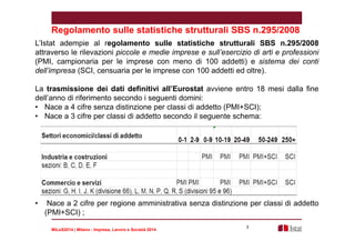 Regolamento sulle statistiche strutturali SBS n.295/2008 
L’Istat adempie al regolamento sulle statistiche strutturali SBS n.295/2008 
attraverso le rilevazioni piccole e medie imprese e sull’esercizio di arti e professioni 
(PMI, campionaria per le imprese con meno di 100 addetti) e sistema dei conti 
dell’impresa (SCI, censuaria per le imprese con 100 addetti ed oltre). 
La trasmissione dei dati definitivi all’Eurostat avviene entro 18 mesi dalla fine 
dell’anno di riferimento secondo i seguenti domini: 
• Nace a 4 cifre senza distinzione per classi di addetto (PMI+SCI); 
• Nace a 3 cifre per classi di addetto secondo il seguente schema: 
• Nace a 2 cifre per regione amministrativa senza distinzione per classi di addetto 
(PMI+SCI) ; 
MILeS2014 | Milano - Impresa, Lavoro e Società 2014 
3 
 