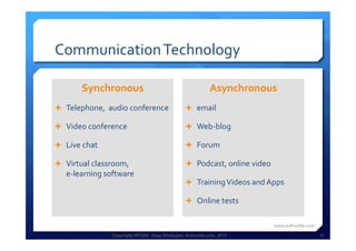 Copyright HPCG®, Sage Strategies, Kulturelle.com, 2013 11
Communication	
  Technology	
  
Synchronous	
  
Ê  Telephone,	
  	
  audio	
  conference	
  
Ê  Video	
  conference	
  
Ê  Live	
  chat	
  
Ê  Virtual	
  classroom,	
  	
  
e-­‐learning	
  software	
  
Asynchronous	
  
Ê  email	
  
Ê  Web-­‐blog	
  
Ê  Forum	
  
Ê  Podcast,	
  online	
  video	
  
Ê  Training	
  Videos	
  and	
  Apps	
  
Ê  Online	
  tests	
  
www.kulturelle.com	
  
 
