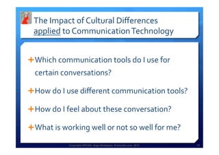 Copyright HPCG®, Sage Strategies, Kulturelle.com, 2013 19Copyright HPCG®, Sage Strategies, Kulturelle.com, 2013 19
The	
  Impact	
  of	
  Cultural	
  Diﬀerences	
  	
  
applied	
  to	
  Communication	
  Technology	
  
Ê Which	
  communication	
  tools	
  do	
  I	
  use	
  for	
  
certain	
  conversations?	
  
Ê How	
  do	
  I	
  use	
  diﬀerent	
  communication	
  tools?	
  
Ê How	
  do	
  I	
  feel	
  about	
  these	
  conversation?	
  
Ê What	
  is	
  working	
  well	
  or	
  not	
  so	
  well	
  for	
  me?	
  
 