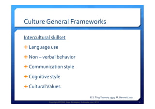 Copyright HPCG®, Sage Strategies, Kulturelle.com, 2013 8Copyright HPCG®, Sage Strategies, Kulturelle.com, 2013 8
Culture	
  General	
  Frameworks	
  
Intercultural	
  skillset	
  
Ê Language	
  use	
  
Ê Non	
  –	
  verbal	
  behavior	
  
Ê Communication	
  style	
  
Ê Cognitive	
  style	
  
Ê Cultural	
  Values	
  
©	
  S.	
  Ting-­‐Toomey	
  1999,	
  M.	
  Bennett	
  2001	
  
 