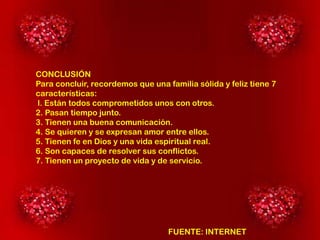 CONCLUSIÓN
Para concluir, recordemos que una familia sólida y feliz tiene 7
características:
l. Están todos comprometidos unos con otros.
2. Pasan tiempo junto.
3. Tienen una buena comunicación.
4. Se quieren y se expresan amor entre ellos.
5. Tienen fe en Dios y una vida espiritual real.
6. Son capaces de resolver sus conflictos.
7. Tienen un proyecto de vida y de servicio.

FUENTE: INTERNET

 