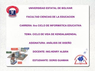 UNIVERSIDAD ESTATAL DE BOLIVAR
FACULTAD CIENCIAS DE LA EDUCACION
CARRERA: 8vo CICLO DE INFORMÁTICA EDUCATIVA
TEMA: CICLO DE VIDA DE KENDAL&KENDAL
ASIGNATURA: ANÁLISIS DE DISEÑO
DOCENTE: ING.HENRY ALBÁN
ESTUDIANTE: DORIS GUAMAN
 