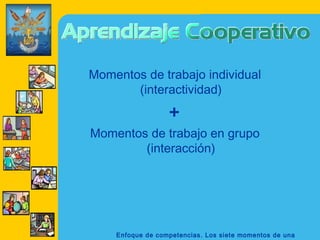 Momentos de trabajo individual
       (interactividad)
                  +
Momentos de trabajo en grupo
        (interacción)




    Enfoque de competencias. Los siete momentos de una
 