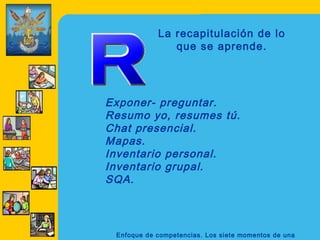 La recapitulación de lo
               que se aprende.




Exponer- preguntar.
Resumo yo, resumes tú.
Chat presencial.
Mapas.
Inventario personal.
Inventario grupal.
SQA.



 Enfoque de competencias. Los siete momentos de una
 