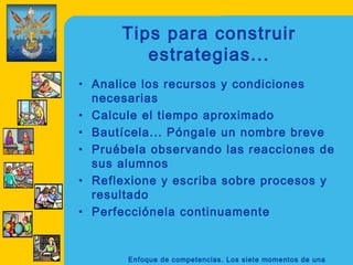 Tips para construir
         estrategias...
• Analice los recursos y condiciones
  necesarias
• Calcule el tiempo aproximado
• Bautícela... Póngale un nombre breve
• Pruébela observando las reacciones de
  sus alumnos
• Reflexione y escriba sobre procesos y
  resultado
• Perfecciónela continuamente


       Enfoque de competencias. Los siete momentos de una
 