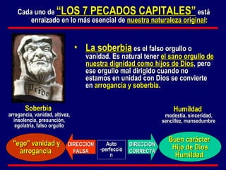 La soberbia  es el falso orgullo o vanidad. Es natural tener  el sano orgullo de nuestra dignidad como hijos de Dios , pero ese orgullo mal dirigido cuando no estamos en unidad con Dios se convierte en  arrogancia y soberbia . Cada uno de  “LOS 7 PECADOS CAPITALES”  está enraizado en lo más esencial de  nuestra naturaleza original : Auto -perfección DIRECCION CORRECTA DIRECCION FALSA "ego" vanidad y arrogancia   Buen carácter  Hijo de Dios Humildad   Humildad  modestia, sinceridad, sencillez, mansedumbre Soberbia   arrogancia, vanidad, altivez, insolencia, presunción, egolatría, falso orgullo 