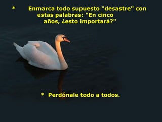 *       Enmarca todo supuesto "desastre" con 
          estas palabras: "En cinco    
            años, ¿esto importará?"




         *  Perdónale todo a todos.
 