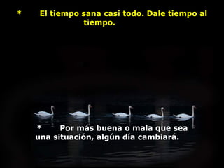 *       El tiempo sana casi todo. Dale tiempo al 
                  tiempo.          




     *       Por más buena o mala que sea 
    una situación, algún día cambiará.   
 