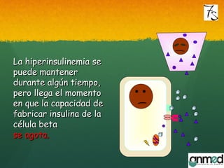 La hiperinsulinemia seLa hiperinsulinemia se
puede mantenerpuede mantener
durante algún tiempo,durante algún tiempo,
pero llega el momentopero llega el momento
en que la capacidad deen que la capacidad de
fabricar insulina de lafabricar insulina de la
célula betacélula beta
se agota.se agota.
 