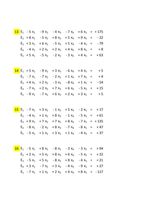 -4     -7     -5     -6    +5
13 E1   - 5 x1 - 9 x2 - 4 x3 - 7 x4 + 6 x5 = + 175
   E2 + 8 x 1   - 5 x2   + 8 x3   + 5 x4   + 9 x5 =   - 22
   E3 + 3 x 1   + 6 x2   - 5 x3   + 5 x4   - 4 x5 =   - 79
   E4 - 4 x 1   + 2 x2   + 2 x3   + 4 x4   + 8 x5 =    +8
   E5 + 5 x 1   - 5 x2   - 2 x3   - 3 x4   + 4 x5 =   + 63

            +3      -6     -2    +7      -4
14 E1   + 5 x1 - 9 x2 + 3 x3 - 6 x4 + 4 x5 =           +5
   E2 - 7 x 1   - 7 x2   - 2 x3   + 1 x4   + 7 x5 =    +4
   E3 + 4 x 1   + 2 x2   - 3 x3   - 8 x4   + 1 x5 =   - 54
   E4 - 7 x 1   + 2 x2   + 7 x3   + 6 x4   - 5 x5 =   + 15
   E5 - 9 x 1   - 7 x2   + 6 x3   + 2 x4   + 3 x5 =    +5

            +2      -1    +5     +5      -7
15 E1   - 7 x1 + 3 x2 - 1 x3 + 5 x4 - 2 x5 =          + 17
   E2 - 4 x 1   + 1 x2   + 8 x3   - 1 x4   - 5 x5 =   + 61
   E3 + 9 x 1   + 7 x2   + 7 x3   + 8 x4   - 7 x5 = + 135
   E4 - 8 x 1   - 2 x2   + 8 x3   - 7 x4   - 8 x5 =   + 47
   E5 - 5 x 1   + 1 x2   + 3 x3   + 1 x4   - 4 x5 =   + 37

          +7      +8       -4      -5      -6
16 E1 - 5 x 1 + 8 x 2 - 8 x 3 - 3 x 4 - 3 x 5 =       + 94
   E2 + 2 x 1   + 5 x2   + 8 x3   + 6 x4   - 5 x5 =   + 22
   E3 - 5 x 1   + 5 x2   - 8 x3   + 8 x4   - 4 x5 =   + 21
   E4 + 3 x 1   - 7 x2   + 3 x3   - 4 x4   - 9 x5 =   + 27
   E5 - 7 x 1   + 1 x2   + 2 x3   + 4 x4   + 8 x5 = - 117
 