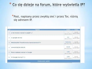 *

    * Post, napisany przez zwykłą sieć i przez Tor, różnią
     się adresem IP.
 