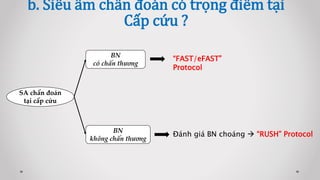 b. Siêu âm chẩn đoán có trọng điểm tại
Cấp cứu ?
SA chẩn đoán
tại cấp cứu
BN
có chấn thương
BN
không chấn thương
“FAST/eFAST”
Protocol
Đánh giá BN choáng  “RUSH” Protocol
 