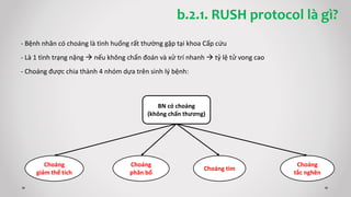 BN có choáng
(không chấn thương)
Choáng
giảm thể tích
Choáng
phân bố
Choáng tim
Choáng
tắc nghẽn
- Bệnh nhân có choáng là tình huống rất thường gặp tại khoa Cấp cứu
- Là 1 tình trạng nặng  nếu không chẩn đoán và xử trí nhanh  tỷ lệ tử vong cao
- Choáng được chia thành 4 nhóm dựa trên sinh lý bệnh:
b.2.1. RUSH protocol là gì?
 