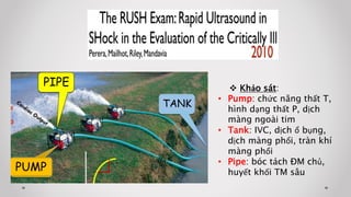 PUMP
PIPE
TANK
 Khảo sát:
• Pump: chức năng thất T,
hình dạng thất P, dịch
màng ngoài tim
• Tank: IVC, dịch ổ bụng,
dịch màng phổi, tràn khí
màng phổi
• Pipe: bóc tách ĐM chủ,
huyết khối TM sâu
 