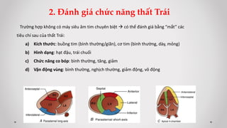 2. Đánh giá chức năng thất Trái
Trường hợp không có máy siêu âm tim chuyên biệt  có thể đánh giá bằng “mắt” các
tiêu chí sau của thất Trái:
a) Kích thước: buồng tim (bình thường/giãn), cơ tim (bình thường, dày, mỏng)
b) Hình dạng: hạt đậu, trái chuối
c) Chức năng co bóp: bình thường, tăng, giảm
d) Vận động vùng: bình thường, nghịch thường, giảm động, vô động
 