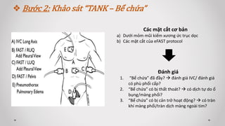  Bước 2: Khảo sát “TANK – Bể chứa”
Các mặt cắt cơ bản
a) Dưới mỏm mũi kiếm xương ức trục dọc
b) Các mặt cắt của eFAST protocol
Đánh giá
1. “Bể chứa” đã đầy?  đánh giá IVC/ đánh giá
có phù phổi cấp?
2. “Bể chứa” có bị thất thoát?  có dịch tự do ổ
bụng/màng phổi?
3. “Bể chứa” có bị cản trở hoạt động?  có tràn
khí màng phổi/tràn dịch màng ngoài tim?
 