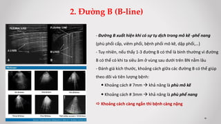 - Đường B xuất hiện khi có sự tụ dịch trong mô kẽ -phế nang
(phù phổi cấp, viêm phổi, bệnh phổi mô kẽ, dập phổi,…)
- Tuy nhiên, nếu thấy 1-3 đường B có thể là bình thường vì đường
B có thể có khi ta siêu âm ở vùng sau dưới trên BN nằm lâu
- Đánh giá kích thước, khoảng cách giữa các đường B có thể giúp
theo dõi và tiên lượng bệnh:
 Khoảng cách # 7mm  khả năng là phù mô kẽ
 Khoảng cách # 3mm  khả năng là phù phế nang
 Khoảng cách càng ngắn thì bệnh càng nặng
2. Đường B (B-line)
 