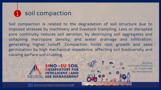 Soil compaction is related to the degradation of soil structure due to
imposed stresses by machinery and livestock trampling. Less or disrupted
pore continuity reduces soil aeration, by destroying soil aggregates and
collapsing macropore density, and water drainage and infiltration,
generating higher runoff. Compaction limits root growth and seed
germination by high mechanical impedance, affecting soil biodiversity and
causing surface soil crusting.
soil compaction
SOURCE:
Voluntary Guidelines
for Sustainable
Soil Management
 