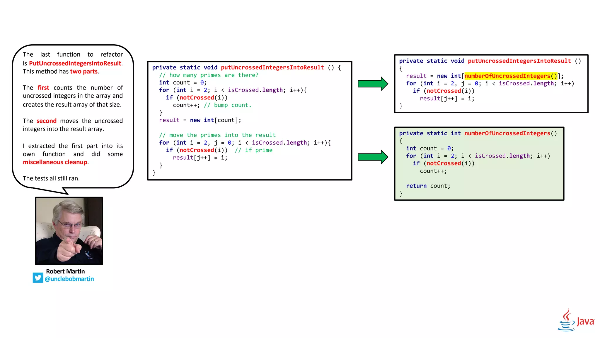 The last function to refactor
is PutUncrossedIntegersIntoResult.
This method has two parts.
The first counts the number of
uncrossed integers in the array and
creates the result array of that size.
The second moves the uncrossed
integers into the result array.
I extracted the first part into its
own function and did some
miscellaneous cleanup.
The tests all still ran.
Robert Martin
@unclebobmartin
private static void putUncrossedIntegersIntoResult () {
// how many primes are there?
int count = 0;
for (int i = 2; i < isCrossed.length; i++){
if (notCrossed(i))
count++; // bump count.
}
result = new int[count];
// move the primes into the result
for (int i = 2, j = 0; i < isCrossed.length; i++){
if (notCrossed(i)) // if prime
result[j++] = i;
}
}
private static void putUncrossedIntegersIntoResult ()
{
result = new int[numberOfUncrossedIntegers()];
for (int i = 2, j = 0; i < isCrossed.length; i++)
if (notCrossed(i))
result[j++] = i;
}
private static int numberOfUncrossedIntegers()
{
int count = 0;
for (int i = 2; i < isCrossed.length; i++)
if (notCrossed(i))
count++;
return count;
}
 