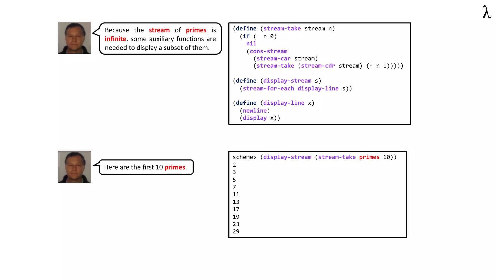 scheme> (display-stream (stream-take primes 10))
2
3
5
7
11
13
17
19
23
29
(define (stream-take stream n)
(if (= n 0)
nil
(cons-stream
(stream-car stream)
(stream-take (stream-cdr stream) (- n 1)))))
(define (display-stream s)
(stream-for-each display-line s))
(define (display-line x)
(newline)
(display x))
Because the stream of primes is
infinite, some auxiliary functions are
needed to display a subset of them.
Here are the first 10 primes.
 