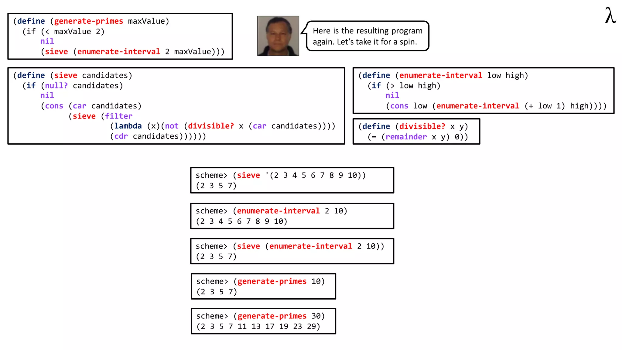 scheme> (sieve '(2 3 4 5 6 7 8 9 10))
(2 3 5 7)
(define (sieve candidates)
(if (null? candidates)
nil
(cons (car candidates)
(sieve (filter
(lambda (x)(not (divisible? x (car candidates))))
(cdr candidates))))))
(define (generate-primes maxValue)
(if (< maxValue 2)
nil
(sieve (enumerate-interval 2 maxValue)))
scheme> (enumerate-interval 2 10)
(2 3 4 5 6 7 8 9 10)
(define (enumerate-interval low high)
(if (> low high)
nil
(cons low (enumerate-interval (+ low 1) high))))
(define (divisible? x y)
(= (remainder x y) 0))
scheme> (generate-primes 30)
(2 3 5 7 11 13 17 19 23 29)
scheme> (sieve (enumerate-interval 2 10))
(2 3 5 7)
scheme> (generate-primes 10)
(2 3 5 7)
Here is the resulting program
again. Let’s take it for a spin.
 