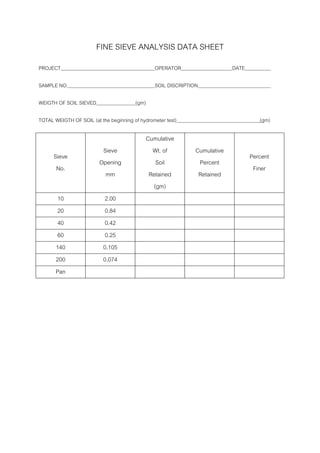 FINE SIEVE ANALYSIS DATA SHEET
PROJECT                                           OPERATOR                    DATE

SAMPLE NO.                                        SOIL DISCRIPTION

WEIGTH OF SOIL SIEVED                   (gm)

TOTAL WEIGTH OF SOIL (at the beginning of hydrometer test)                              (gm)

                                               Cumulative
                          Sieve                  Wt. of          Cumulative
      Sieve                                                                          Percent
                         Opening                  Soil            Percent
       No.                                                                            Finer
                           mm                   Retained          Retained
                                                 (gm)
        10                  2.00
        20                  0.84
        40                  0.42
        60                  0.25
       140                 0.105
       200                 0.074
       Pan
 