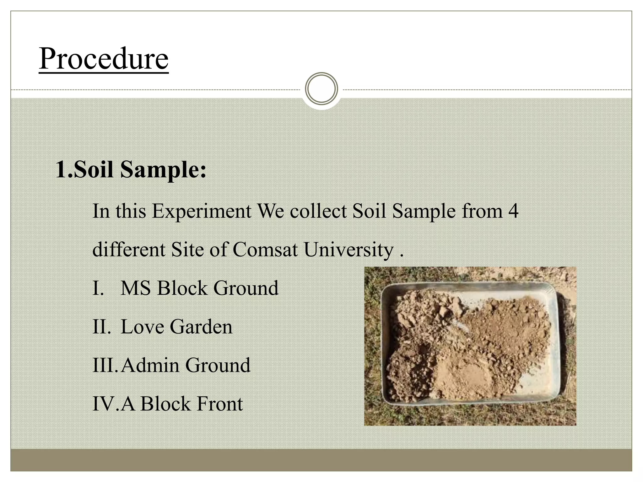 1.Soil Sample:
In this Experiment We collect Soil Sample from 4
different Site of Comsat University .
I. MS Block Ground
II. Love Garden
III.Admin Ground
IV.A Block Front
Procedure
 