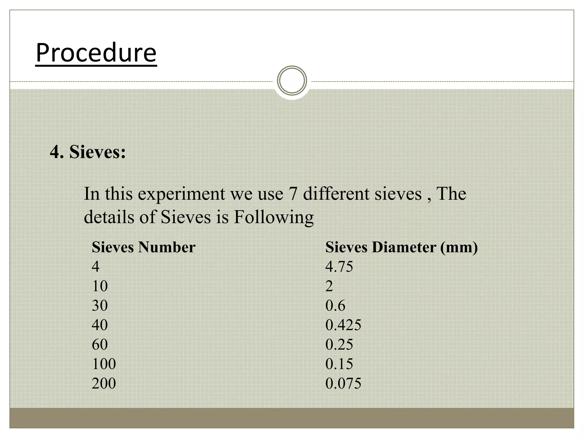 4. Sieves:
In this experiment we use 7 different sieves , The
details of Sieves is Following
Sieves Number Sieves Diameter (mm)
4 4.75
10 2
30 0.6
40 0.425
60 0.25
100 0.15
200 0.075
Procedure
 