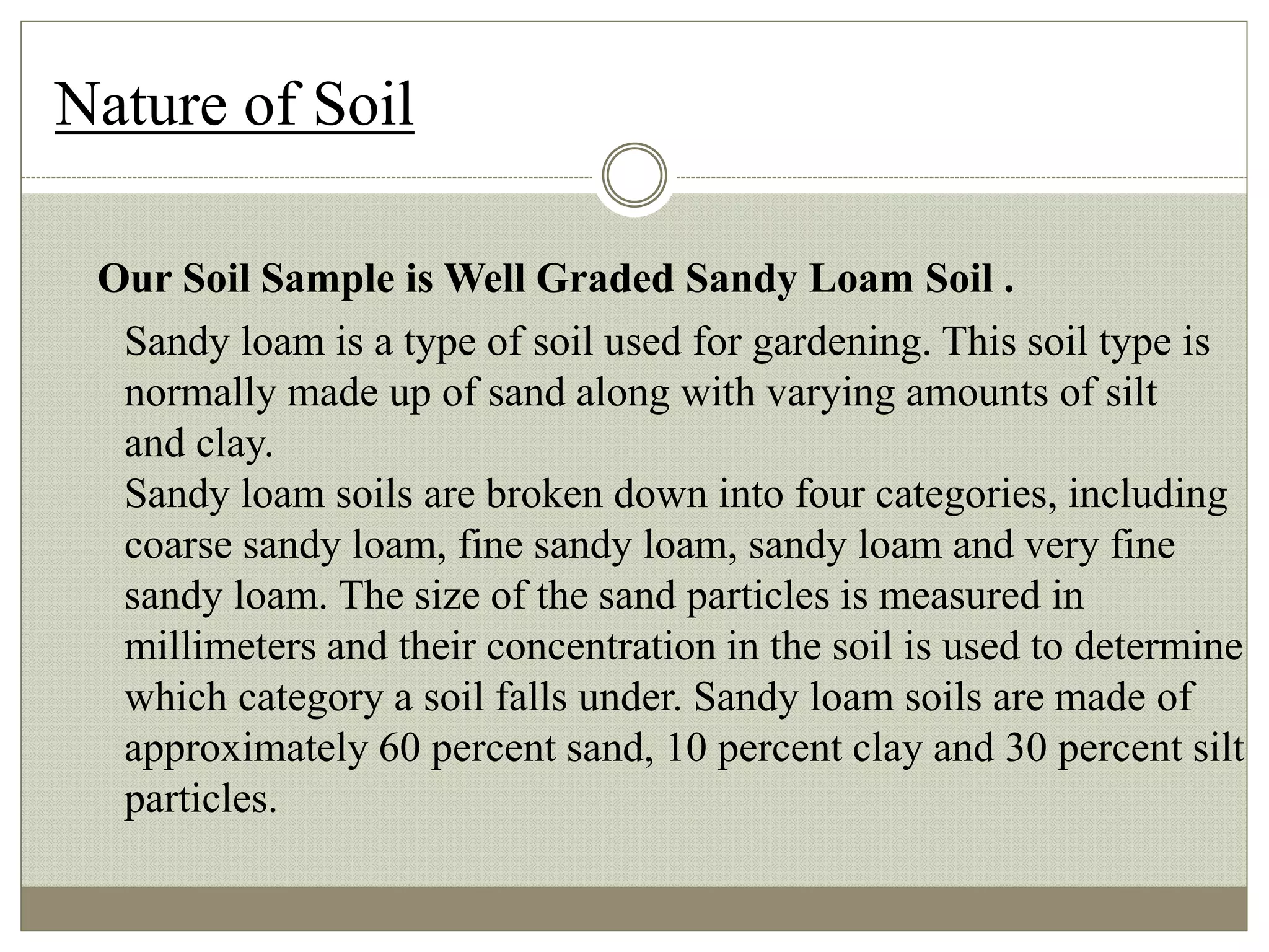 Nature of Soil
Our Soil Sample is Well Graded Sandy Loam Soil .
Sandy loam is a type of soil used for gardening. This soil type is
normally made up of sand along with varying amounts of silt
and clay.
Sandy loam soils are broken down into four categories, including
coarse sandy loam, fine sandy loam, sandy loam and very fine
sandy loam. The size of the sand particles is measured in
millimeters and their concentration in the soil is used to determine
which category a soil falls under. Sandy loam soils are made of
approximately 60 percent sand, 10 percent clay and 30 percent silt
particles.
 