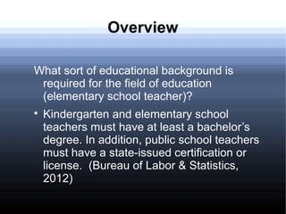 Overview

What sort of educational background is
 required for the field of education
 (elementary school teacher)?

    Kindergarten and elementary school
    teachers must have at least a bachelor’s
    degree. In addition, public school teachers
    must have a state-issued certification or
    license. (Bureau of Labor & Statistics,
    2012)
 