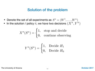 Solution of the problem
October 2017The University of Arizona 11
• Denote the set of all experiments as Sn
= (W1
, . . . , Wn
)
• In the solution / policy , we have two decisions (X⇡
, Y ⇡
)⇡
X⇡
(Sn
) =
(
1, stop and decide
0, continue observing
Y ⇡
(Sn
) =
(
1, Decide H1
0, Decide H0
 
