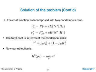 Solution of the problem (Cont’d)
October 2017The University of Arizona 14
• The cost function is decomposed into two conditionals risks
r⇡
0 = P⇡
F + cE(N⇡
|H0)
r⇡
1 = P⇡
M + cE(N⇡
|H1)
r⇡
= ⇢0r⇡
0 + (1 ⇢0)r⇡
1
• The total cost is in terms of the conditional risks:
• Now our objective is
R0
(⇢0) = min
⇡
r⇡
 
