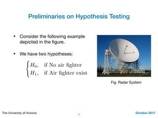 Preliminaries on Hypothesis Testing
October 2017The University of Arizona
• Consider the following example
depicted in the ﬁgure.

• We have two hypotheses:
Fig. Radar System
(
H0, if No air ﬁghter
H1, if Air ﬁghter exist
4
 
