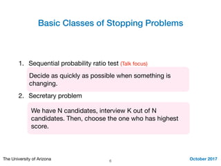 Basic Classes of Stopping Problems
October 2017The University of Arizona
1. Sequential probability ratio test (Talk focus) 

2. Secretary problem
6
We have N candidates, interview K out of N
candidates. Then, choose the one who has highest
score.
Decide as quickly as possible when something is
changing.
 