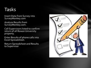 Tasks
Insert Data from Survey into
SurveyMonkey.com
Analyze Results from
SurveyMonkey.com.
Call Supervisors listed to confirm
return of all Rowan University
property.
Enter Results of phone calls into
Excel Spreadsheet.
Return Spreadsheet and Results
to Supervisor
 