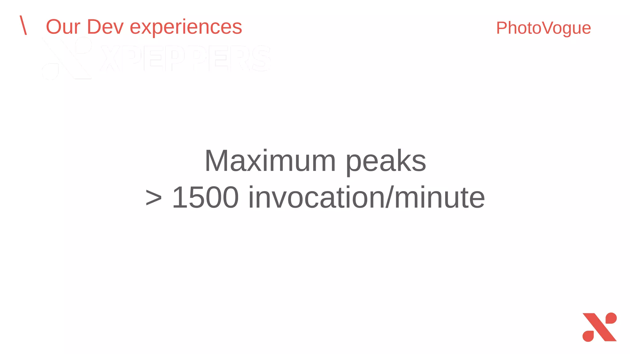 Maximum peaks
> 1500 invocation/minute
Our Dev experiences PhotoVogue
 