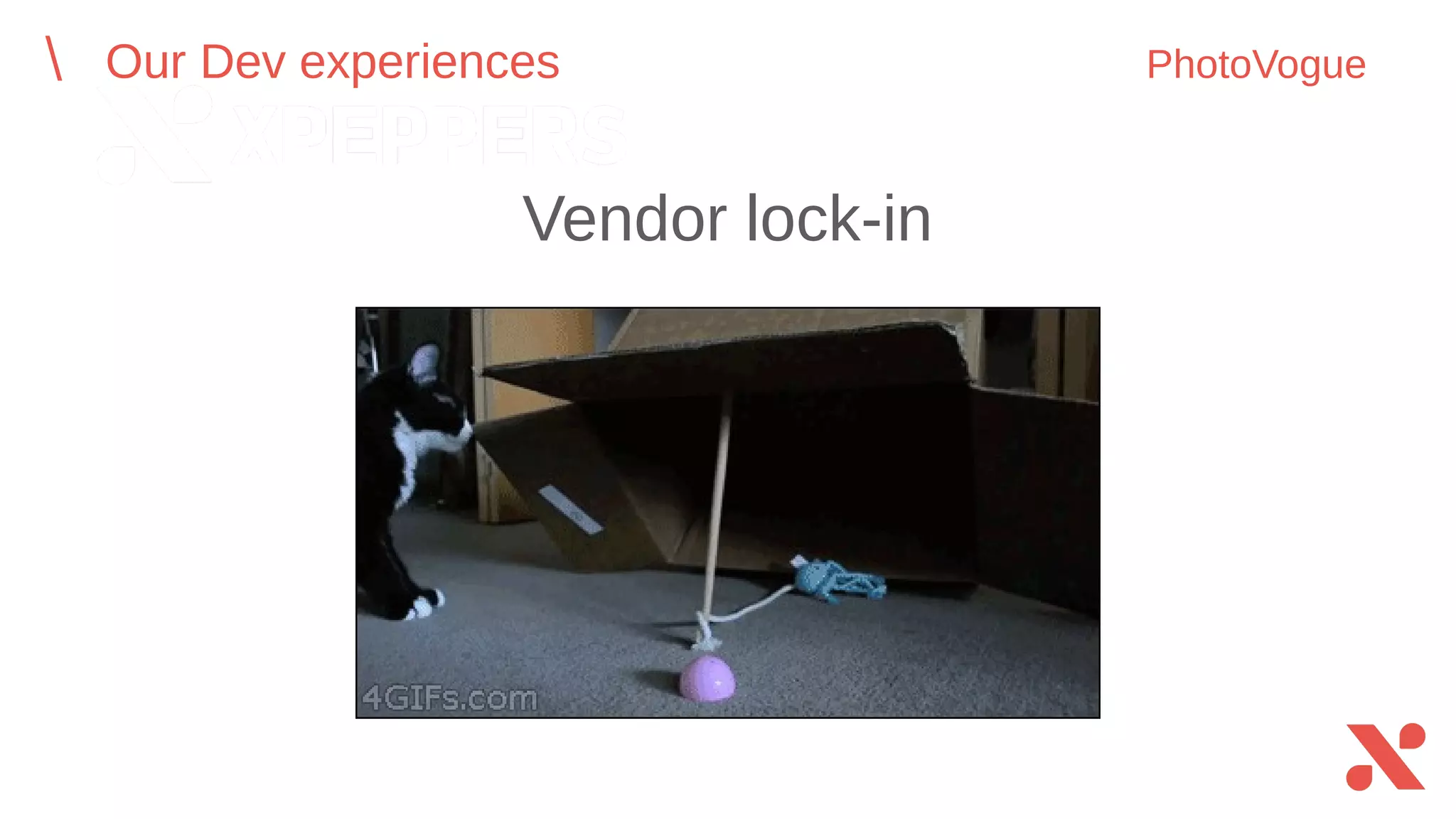 Vendor lock-in
Our Dev experiences PhotoVogue
 