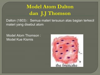 Model Atom Dalton
dan J.J Thomson
Dalton (1803) : Semua materi tersusun atas bagian terkecil
materi yang disebut atom
Model Atom Thomson :
Model Kue Kismis
 