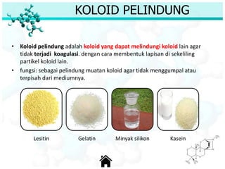 KOLOID PELINDUNG
• Koloid pelindung adalah koloid yang dapat melindungi koloid lain agar
tidak terjadi koagulasi. dengan cara membentuk lapisan di sekeliling
partikel koloid lain.
• fungsi: sebagai pelindung muatan koloid agar tidak menggumpal atau
terpisah dari mediumnya.
Lesitin Gelatin Minyak silikon Kasein
 