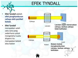 EFEK TYNDALL
• Efek Tyndall adalah
efek penghamburan
cahaya oleh partikel
koloid.
• Efek Tyndall
merupakan salah
satu cara yang
sederhana untuk
mengetahui suatu
dispersi itu
merupakan koloid
atau bukan
Cahaya
Larutan
Layar
Cahaya
Koloid
Layar
Larutan sejati meneruskan
cahaya, berkas cahaya
tidak kelihatan
Sistem koloid
menghamburkan
cahaya, berkas cahaya
kelihatan
 