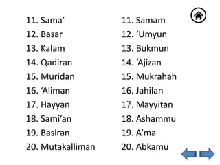 11. Sama’
12. Basar
13. Kalam
14. Qadiran
15. Muridan
16. ‘Aliman
17. Hayyan
18. Sami’an
19. Basiran
20. Mutakalliman
11. Samam
12. ‘Umyun
13. Bukmun
14. ‘Ajizan
15. Mukrahah
16. Jahilan
17. Mayyitan
18. Ashammu
19. A’ma
20. Abkamu
 