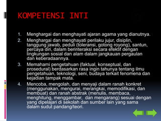 KOMPETENSI INTI
1. Menghargai dan menghayati ajaran agama yang dianutnya.
2. Menghargai dan menghayati perilaku jujur, disiplin,
tanggung jawab, peduli (toleransi, gotong royong), santun,
percaya diri, dalam berinteraksi secara efektif dengan
lingkungan sosial dan alam dalam jangkauan pergaulan
dan keberadaannya.
3. Memahami pengetahuan (faktual, konseptual, dan
prosedural) berdasarkan rasa ingin tahunya tentang ilmu
pengetahuan, teknologi, seni, budaya terkait fenomena dan
kejadian tampak mata.
4. Mencoba, mengolah, dan menyaji dalam ranah konkret
(menggunakan, mengurai, merangkai, memodifikasi, dan
membuat) dan ranah abstrak (menulis, membaca,
menghitung, menggambar, dan mengarang) sesuai dengan
yang dipelajari di sekolah dan sumber lain yang sama
dalam sudut pandang/teori.
 