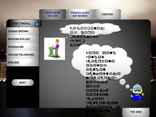 CONTOH


  EFEK TYNDALL
                   Bagaimanak
GERAK BROWN
                   ah caqa
                   mengenali
MUATAN KOLOID
                   sistem
KOAGULASI
                   koloid ?

KOLOID PELINDUNG
                       Caqa yang
                       sangat
DIALISIS               sedeqhana
                       adalah
                       dengan
                       menjatuhka
                       n sebeqkas
           NEXT        cahaya
                       pada
                       obyek.
                       Laqutan
                       sejati
                       menequskan
                       cahaya, se
                       dangkan       THE END
                       koloid
 