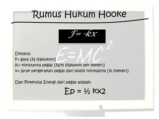 Rumus Hukum Hooke

                           F= -kx

Dimana:
F= gaya [N (Newton)]
K= konstanta pegas [N/m (Newton per meter)]
x= jarak pergerakan pegas dari posisi normalnya [m (meter)]

Dan Potensial Energi dari pegas adalah:

                         Ep = ½ kx2
 