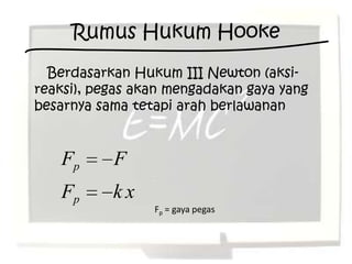 Rumus Hukum Hooke
  Berdasarkan Hukum III Newton (aksi-
reaksi), pegas akan mengadakan gaya yang
besarnya sama tetapi arah berlawanan


   Fp      F
   Fp      kx
                 Fp = gaya pegas
 