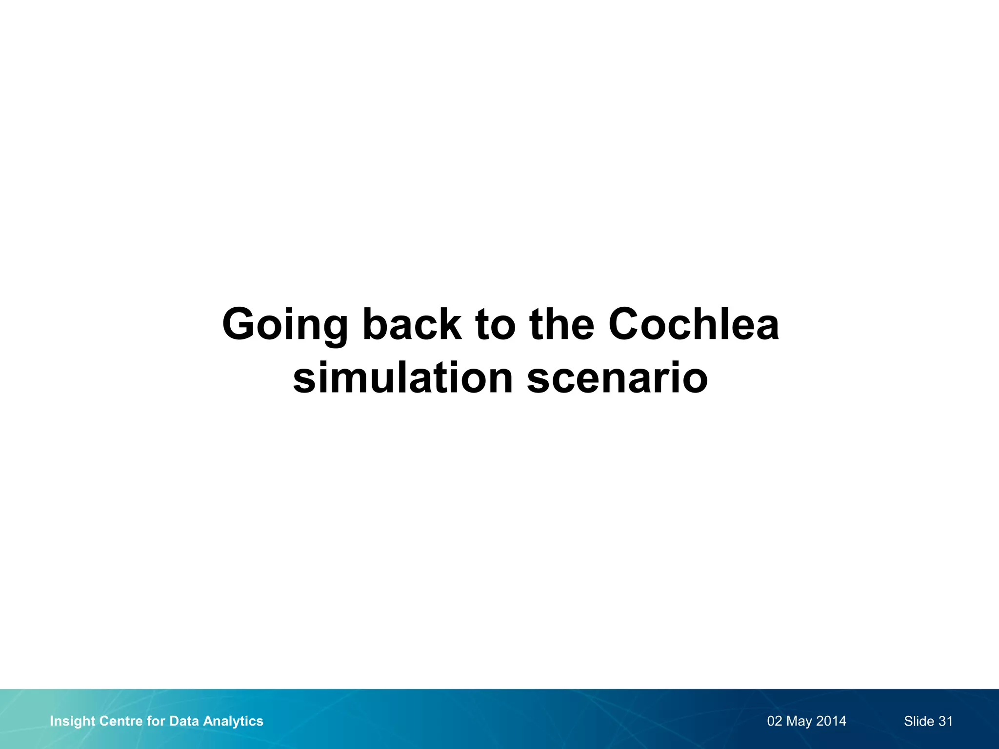 Going back to the Cochlea simulation scenario 
02 May 2014 
Insight Centre for Data Analytics 
Slide 31  